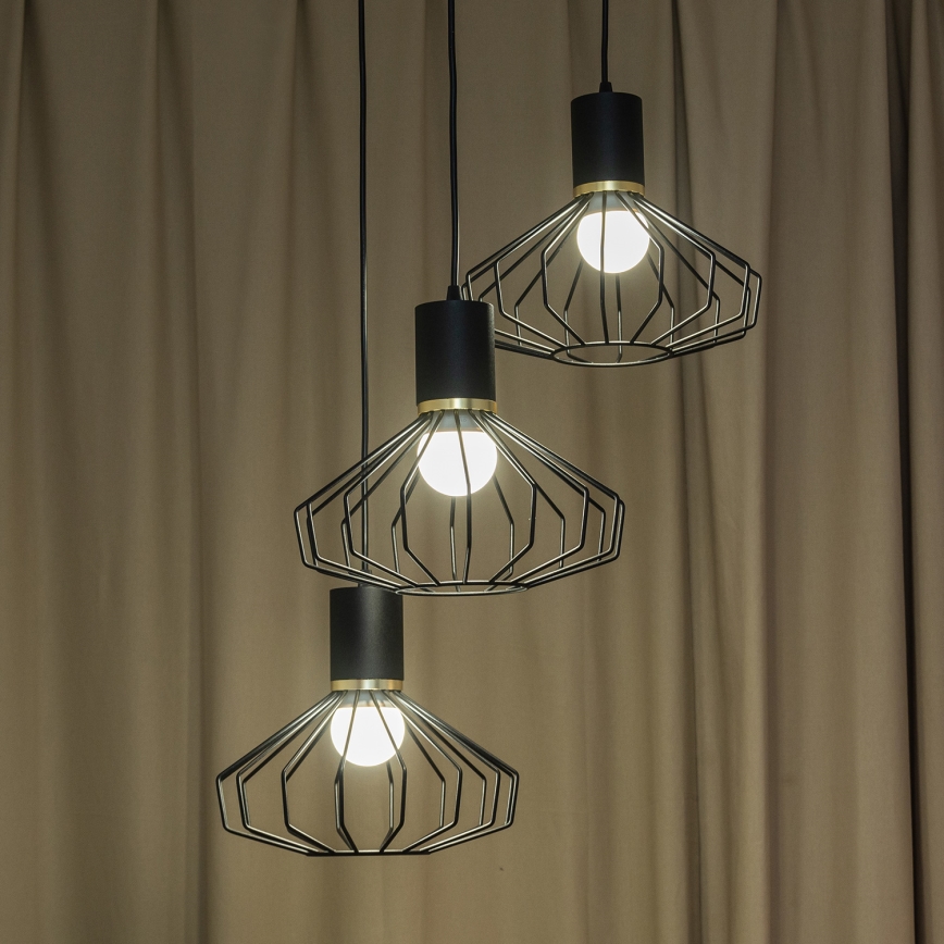 SOLANO Cable-Hung Chandelier, 3x E27/15W/230V, Black/Gold