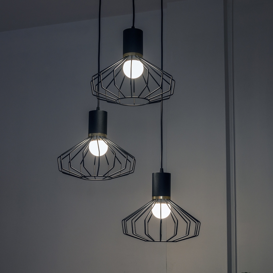 SOLANO Cable-Hung Chandelier, 3x E27/15W/230V, Black/Gold