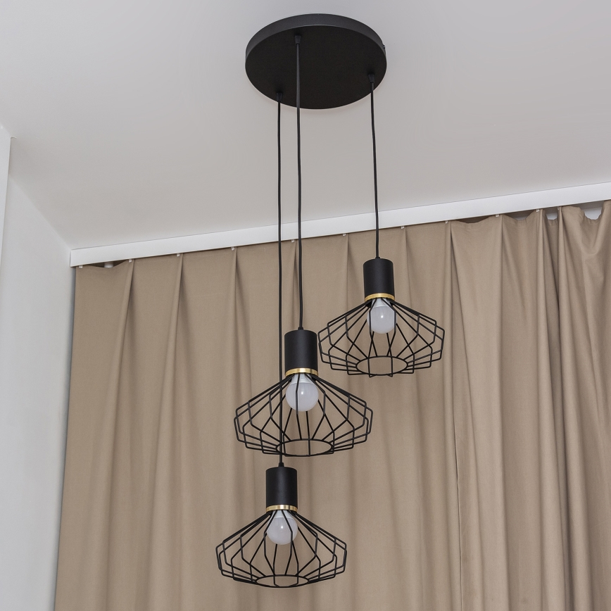 SOLANO Cable-Hung Chandelier, 3x E27/15W/230V, Black/Gold