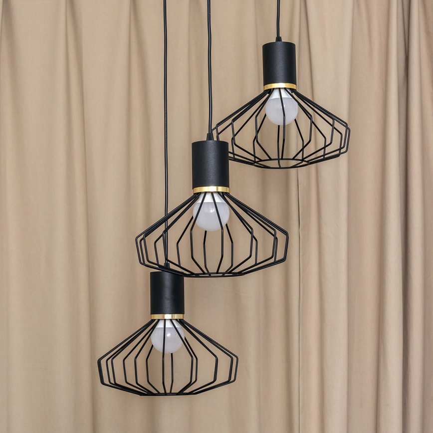SOLANO Cable-Hung Chandelier, 3x E27/15W/230V, Black/Gold