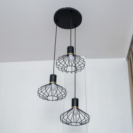 SOLANO Cable-Hung Chandelier, 3x E27/15W/230V, Black/Gold