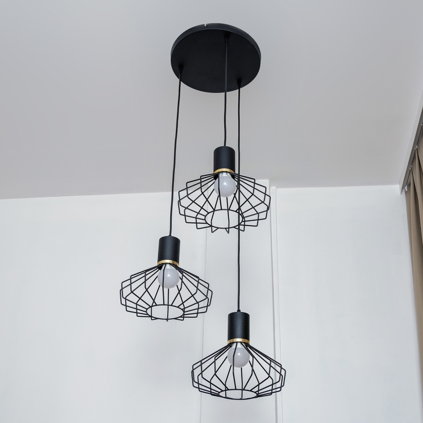SOLANO Cable-Hung Chandelier, 3x E27/15W/230V, Black/Gold