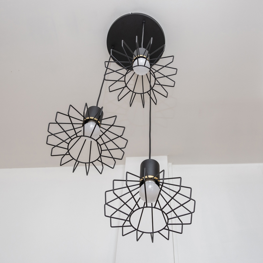 SOLANO Cable-Hung Chandelier, 3x E27/15W/230V, Black/Gold