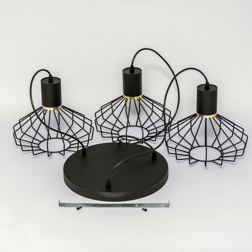 SOLANO Cable-Hung Chandelier, 3x E27/15W/230V, Black/Gold