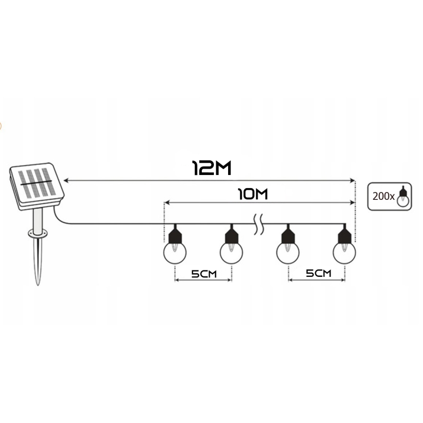 Solar LED Decorative String Lights 200 LEDs / 1.2 V / 800 mAh / 12 m / IP44 / Black