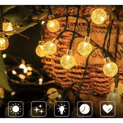 Solar LED Decorative String Lights, 30 LEDs, 8 Modes, 500 mAh Battery, 6.5 m, IP67, Warm White