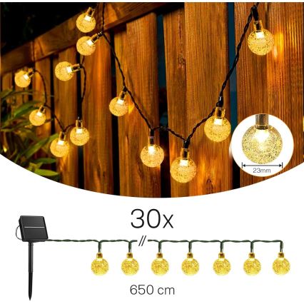 Solar LED Decorative String Lights, 30 LEDs, 8 Modes, 500 mAh Battery, 6.5 m, IP67, Warm White