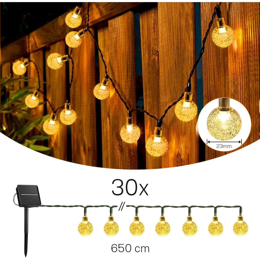 Solar LED Decorative String Lights, 30 LEDs, 8 Modes, 500 mAh Battery, 6.5 m, IP67, Warm White