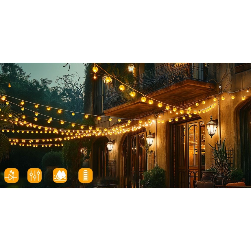 Solar LED Decorative String Lights, 50 LEDs / 8 Modes, 500 mAh, 9.5 m, IP67, Warm White
