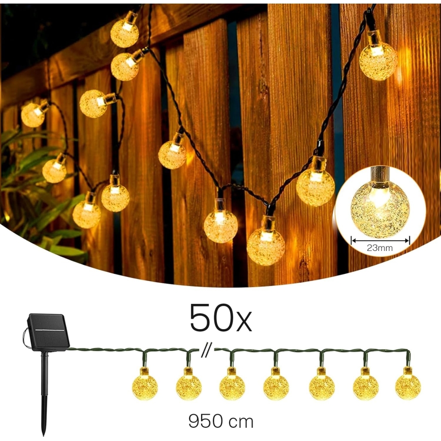 Solar LED Decorative String Lights, 50 LEDs / 8 Modes, 500 mAh, 9.5 m, IP67, Warm White