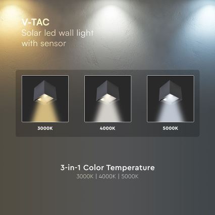 LED Solar Wall Light with Sensor, 9W/5V, 3000/4000/5000K, IP65, 2600 mAh, Anthracite