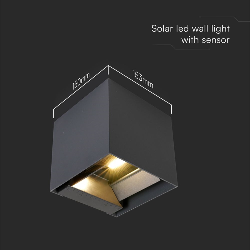 LED Solar Wall Light with Sensor, 9W/5V, 3000/4000/5000K, IP65, 2600 mAh, Anthracite