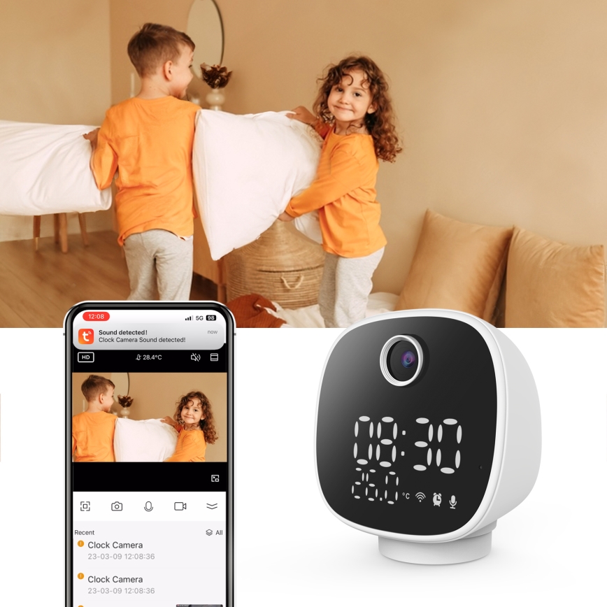 Smart camera with alarm clock, thermometer and LED light 1296p 3Mpx 5V Wi-Fi Tuya IP65