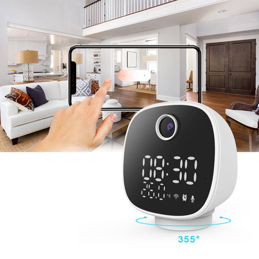 Smart camera with alarm clock, thermometer and LED light 1296p 3Mpx 5V Wi-Fi Tuya IP65