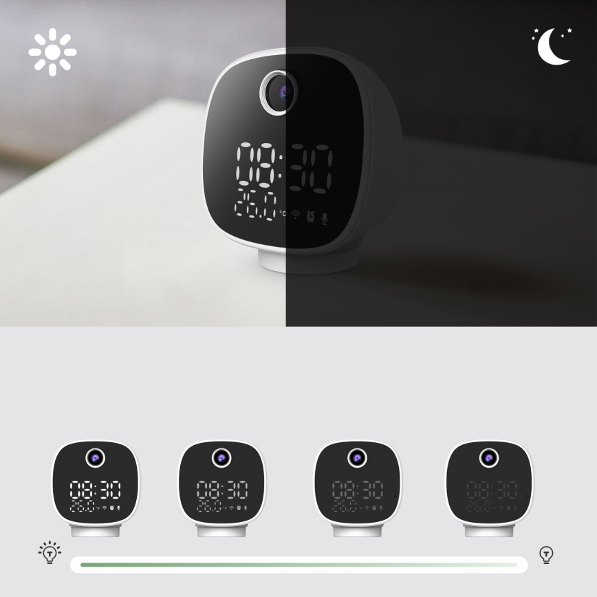 Smart camera with alarm clock, thermometer and LED light 1296p 3Mpx 5V Wi-Fi Tuya IP65
