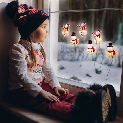 Snowman LED string lights with suction cups, 6×LED, 2×AA, 1.2 m, warm white
