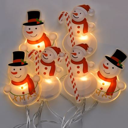 Snowman LED string lights with suction cups, 6×LED, 2×AA, 1.2 m, warm white