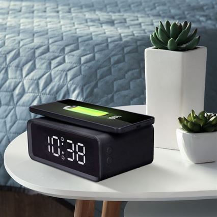 Digital Clock with Built-in Qi Wireless Charger, 230V/CR2032, Black