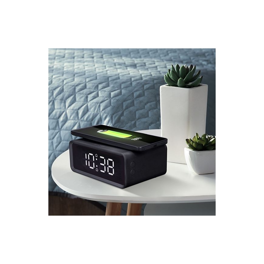 Digital Clock with Built-in Qi Wireless Charger, 230V/CR2032, Black