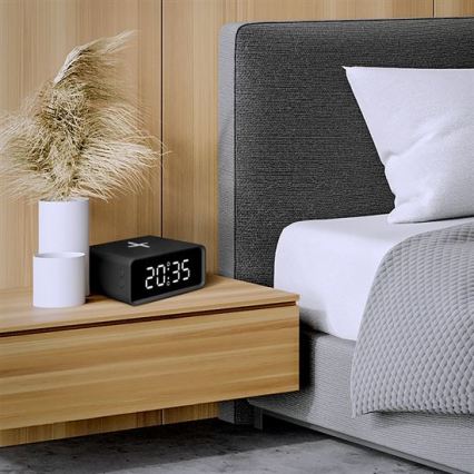 Digital Clock with Built-in Qi Wireless Charger, 230V/CR2032, Black