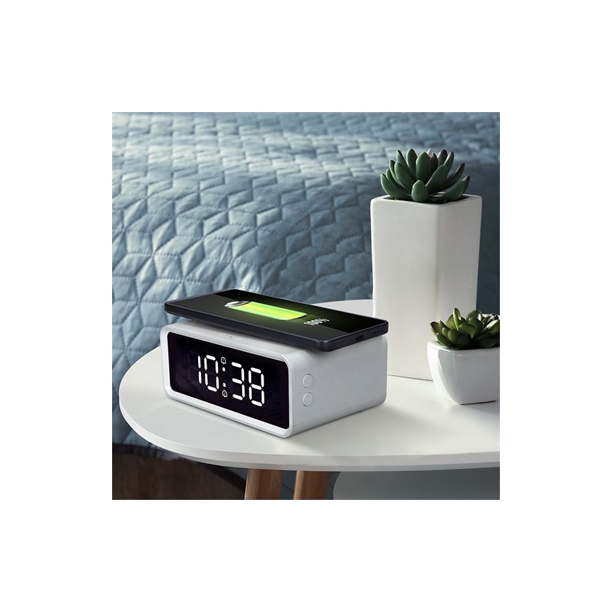 Digital Clock with Qi Wireless Charger, 230V/CR2032, White