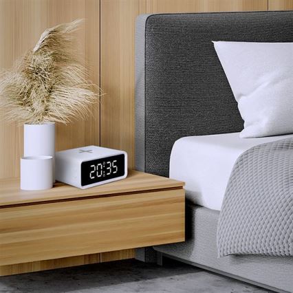 Digital Clock with Qi Wireless Charger, 230V/CR2032, White