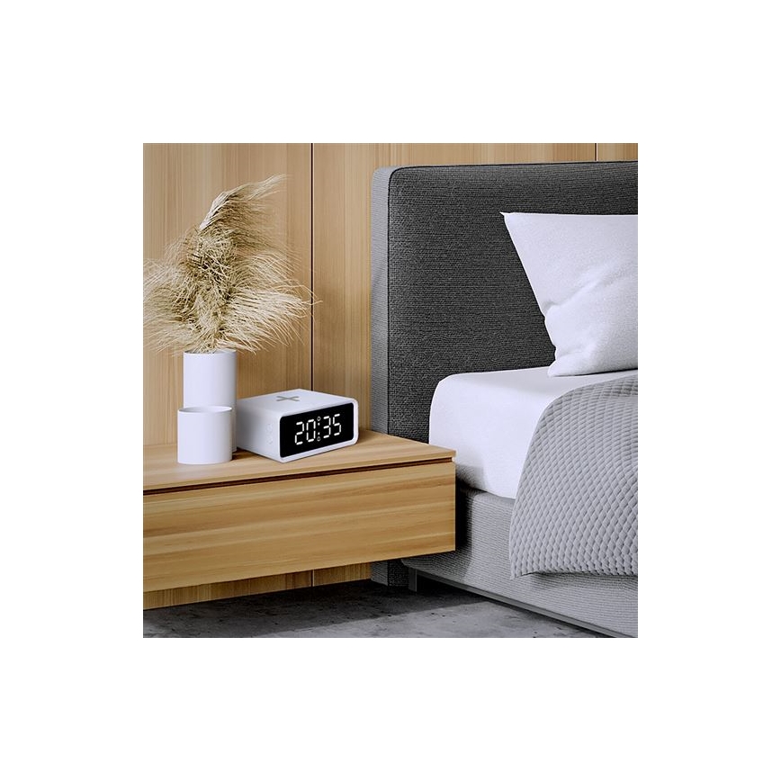 Digital Clock with Qi Wireless Charger, 230V/CR2032, White