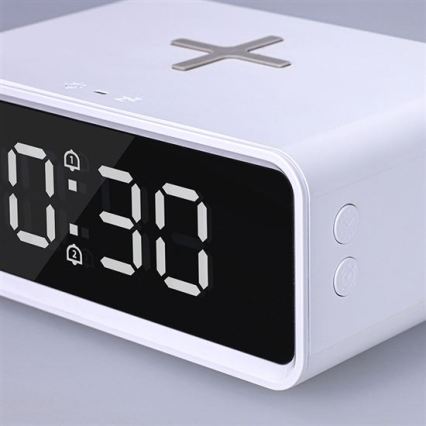 Digital Clock with Qi Wireless Charger, 230V/CR2032, White