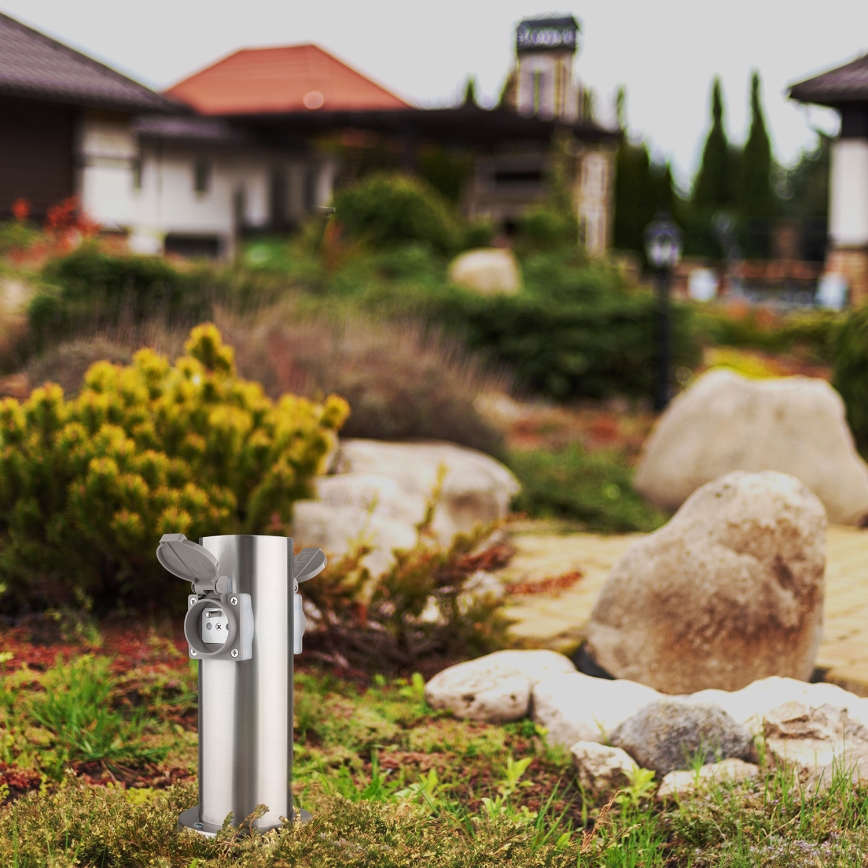 Outdoor socket column 2Z 230V IP44 matte chrome round