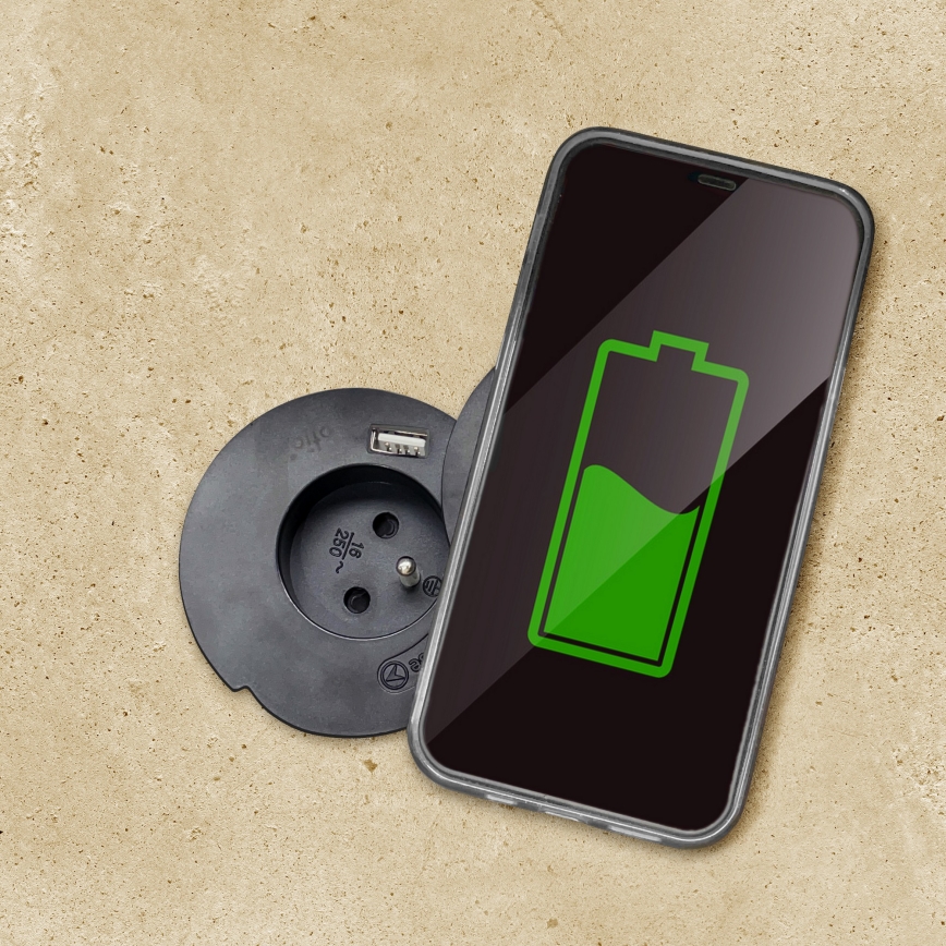 Built-in outlet with 10W wireless charging, 1x mains socket + USB-A & USB-C, black