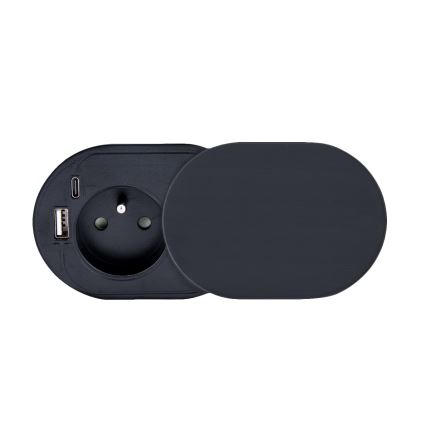 Recessed socket with sliding cover, 20W — 1x AC outlet + USB-A & USB-C, Black