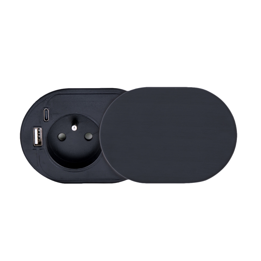 Recessed socket with sliding cover, 20W — 1x AC outlet + USB-A & USB-C, Black