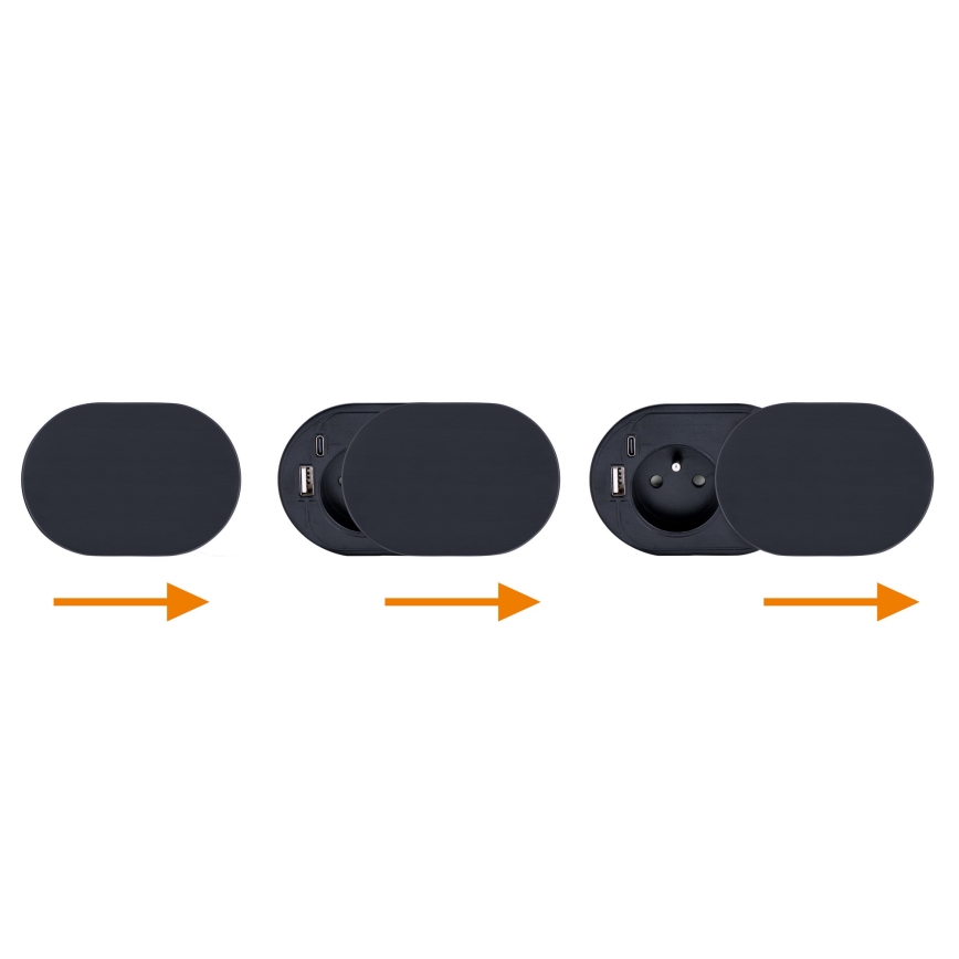 Recessed socket with sliding cover, 20W — 1x AC outlet + USB-A & USB-C, Black