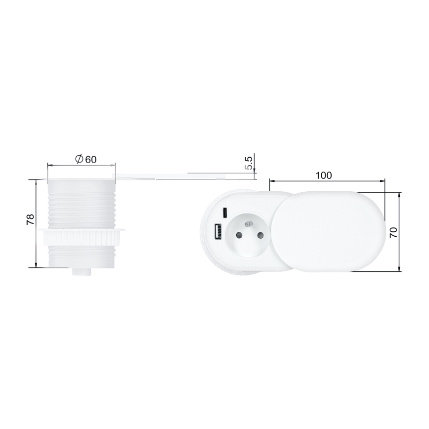 Flush-mounted outlet 20 W, 1 socket + USB-A & USB-C, white