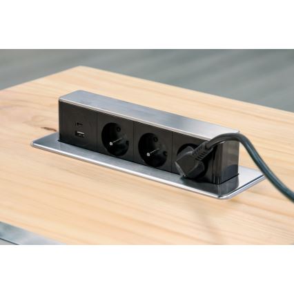 Desk-mounted power column for tabletops — 3×230 V sockets + USB-A + USB-C