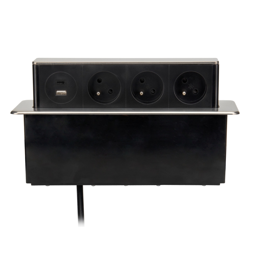 Desk-mounted power column for tabletops — 3×230 V sockets + USB-A + USB-C