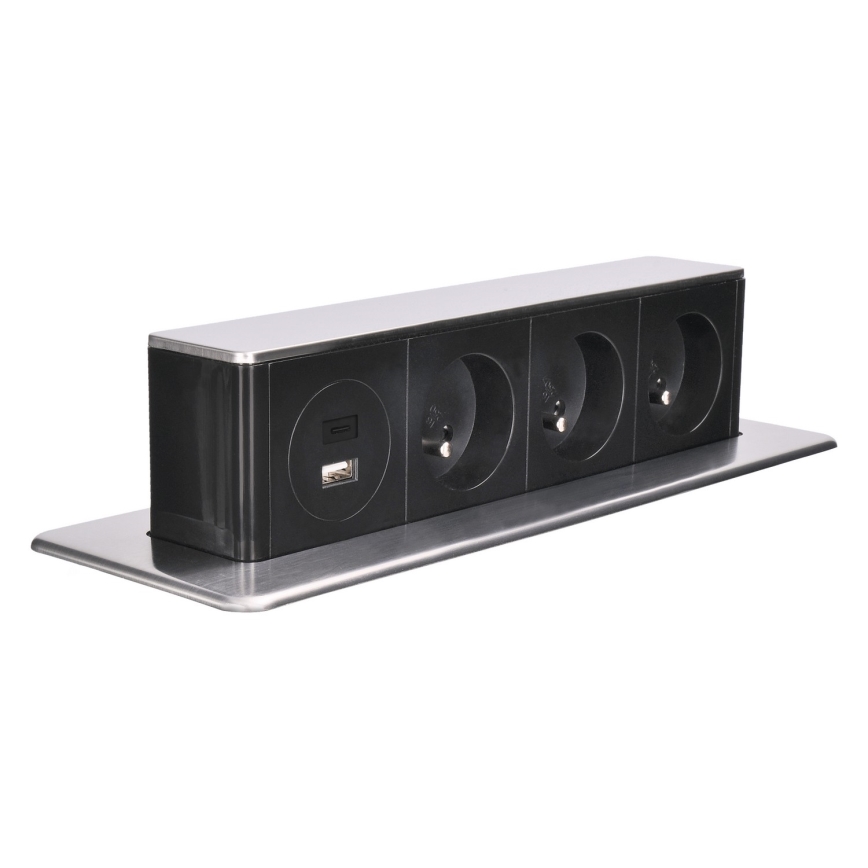 Desk-mounted power column for tabletops — 3×230 V sockets + USB-A + USB-C