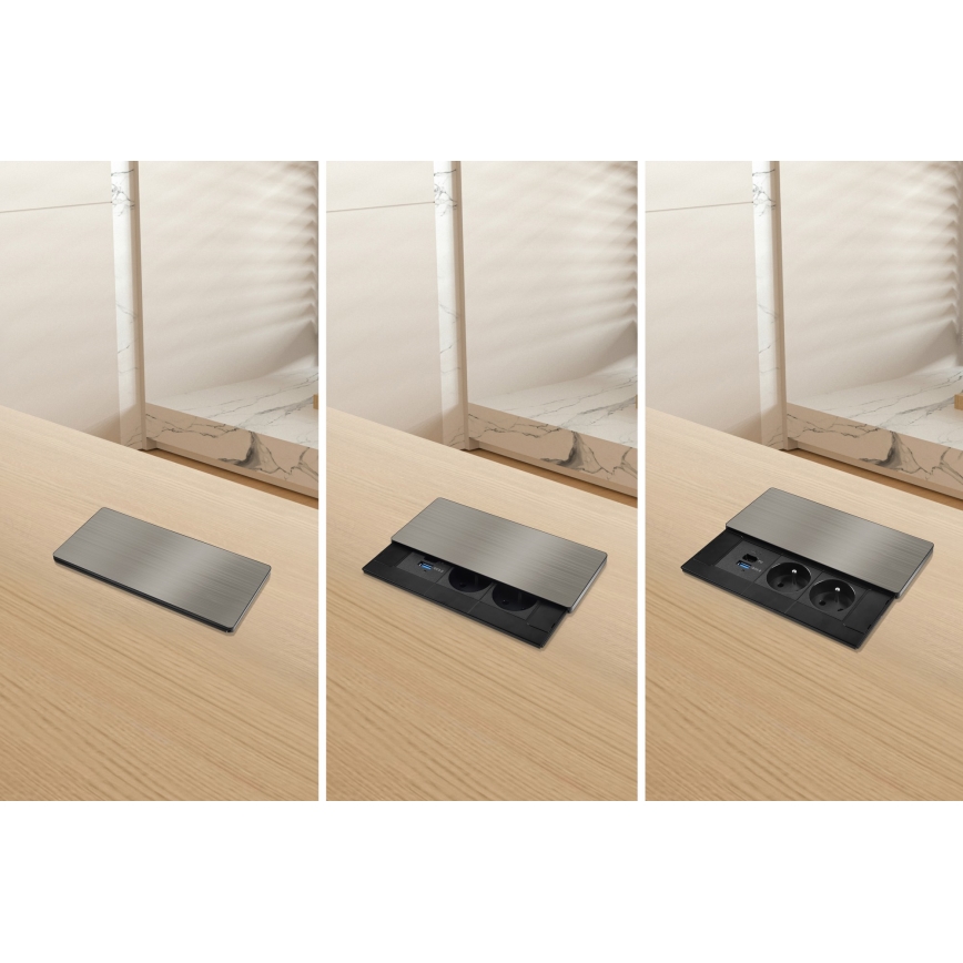 Built-in power outlet with 20W wireless charging — dual sockets + USB-A + USB-C