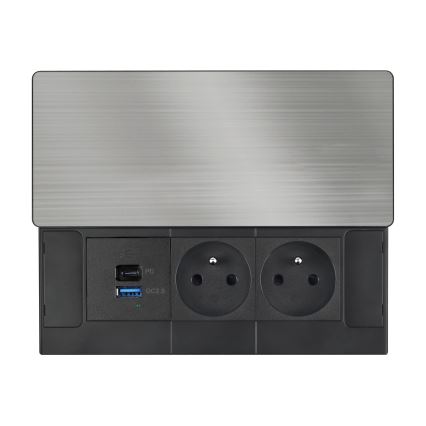 Built-in power outlet with 20W wireless charging — dual sockets + USB-A + USB-C