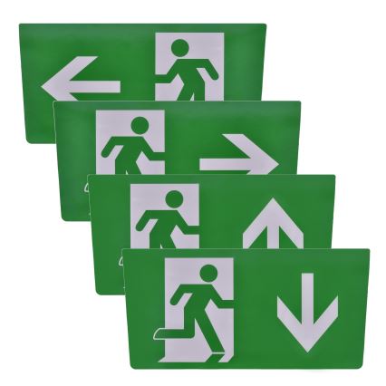 Ceiling-mounted emergency lighting sign with pictograms