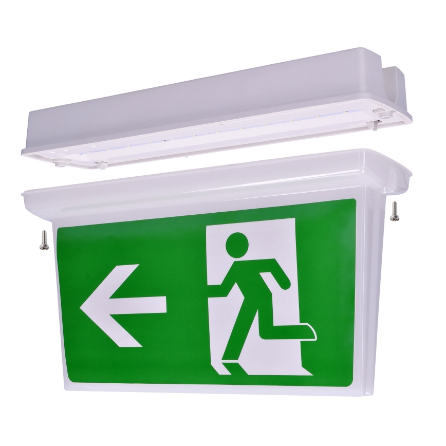 Ceiling-mounted emergency lighting sign with pictograms
