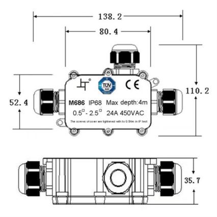 Waterproof junction box 24A/450V AC IP68