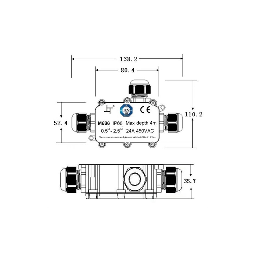 Waterproof junction box 24A/450V AC IP68