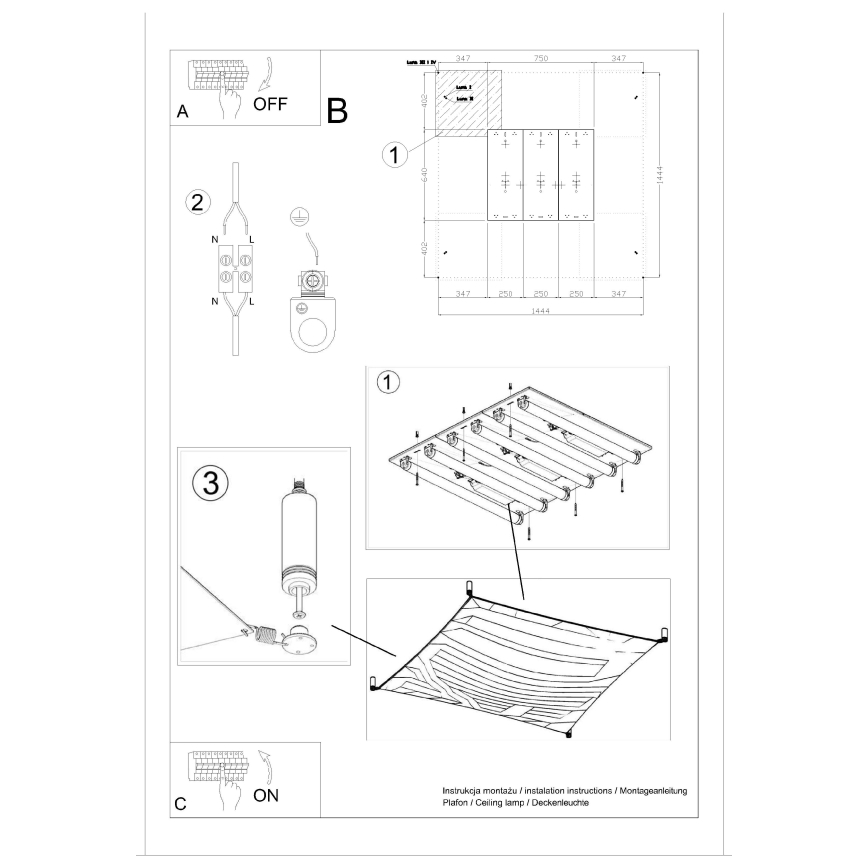 LED ceiling light LUNA 6xG13/8.5W/230V 140x140 cm white