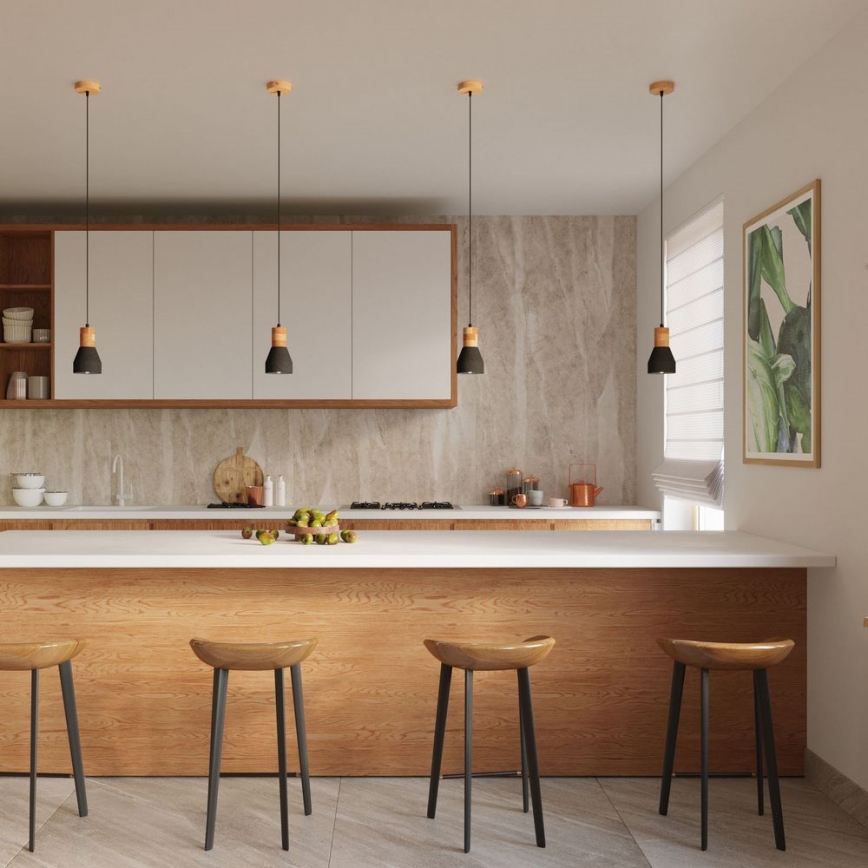 Chandelier on a string QUBIC 1xE27/60W/230V concrete/Birch/beech/black