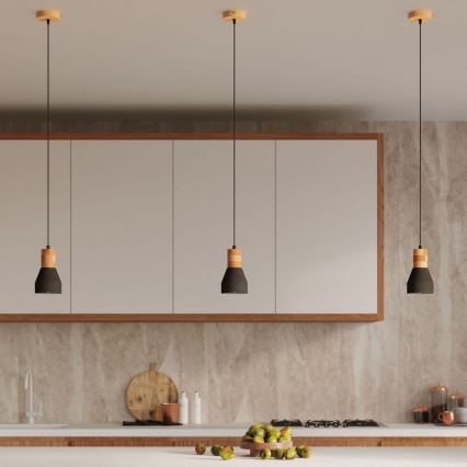 Chandelier on a string QUBIC 1xE27/60W/230V concrete/Birch/beech/black