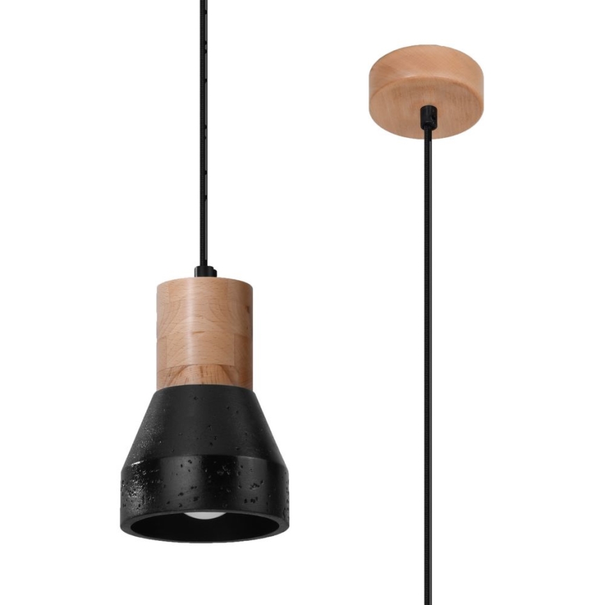 Chandelier on a string QUBIC 1xE27/60W/230V concrete/Birch/beech/black