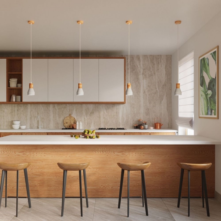 Chandelier on a string QUBIC 1xE27/60W/230V concrete/Birch/beech