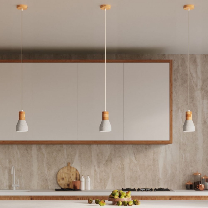 Chandelier on a string QUBIC 1xE27/60W/230V concrete/Birch/beech