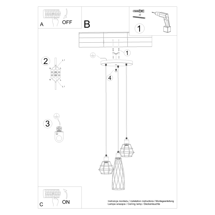 Chandelier on a string SUBA 3xE27/15W/230V black